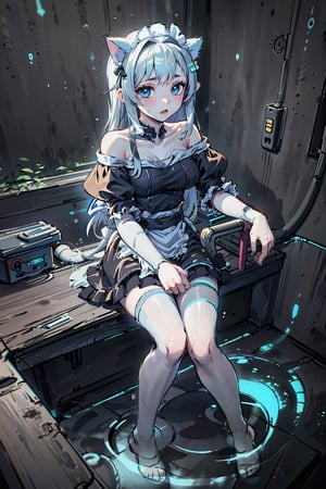 (bird eye view), best quality, 4k, 8k, highres, masterpiece:1.5, ultra-detailed, beautiful face,1girl,solo,long hair,looking at viewer, (((Holographic form))) of a young woman in her mid-20s, ((Long, flowing silver hair that moves as if underwater)), Bright electric blue eyes with circuit-like patterns in the iris, Slender, graceful build with slightly elongated limbs, Facial features are a perfect blend of various human ethnicities, Sleek, wearing (((maid_uniform, off-shoulder))) that seems to be made of liquid light, Projects holographic screens and interfaces around her, Wears a delicate, glowing circlet on her forehead that serves as her primary processing unit, Research Facility_background, lovely, blushing,( cat_ears, cat_tail), sitting on chair, legs_open