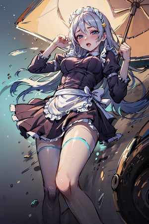 down view, best quality, 4k, 8k, highres, masterpiece:1.5, ultra-detailed, beautiful face,1girl,solo,long hair,looking at viewer, (((Holographic form))) of a young woman in her mid-20s, ((Long, flowing silver hair that moves as if underwater)), Bright electric blue eyes with circuit-like patterns in the iris, Slender, graceful build with slightly elongated limbs, Facial features are a perfect blend of various human ethnicities, Sleek, wearing (((short maid_uniform))) that seems to be made of liquid light, Wears a delicate, glowing circlet on her forehead that serves as her primary processing unit,  (((beach_background))), lovely, blushing, lying down, (((night, many stars))), shy, mouth_open, wet, half closed_eyes, touching