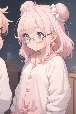 nier anime style illustration, best quality, masterpiece High resolution, good detail, bright colors, HDR, 4K. Dolby vision high.

Cute curly hair often tied in a messy bun, round glasses that slightly slip down her nose, chubby cheeks with a bit of baby fat, fair skin with a few freckles

Pink teddy bear pajamas, slightly loose to hide her body shape

Small star-shaped earrings, a colorful hair tie