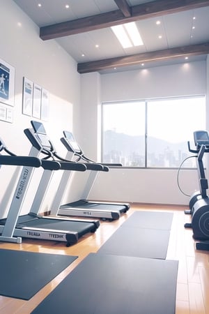 A spacious gym with various equipment including treadmills, weights, and yoga mats background. Bright lighting and motivational posters adorn the walls, wild view, place, no one human