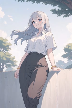 nier anime style illustration, best quality, masterpiece High resolution, good detail, bright colors, HDR, 4K. Dolby vision high. 

 (school background), school setting, tree, highschool

Nostalgic smile, gentle hand movements, calm and reflective demeanor
((1girl, solo)) standing up, sitting



(Long wave long hair, big almond-shaped eyes, soft facial features,slightly overweight with a round face and soft, plump arms and legs), pale skin, 20yo, simple silver bracelet

(((upper body)))
(dress or wears a neat shirt, slacks, professional attire, pairing it with low-heeled shoes)