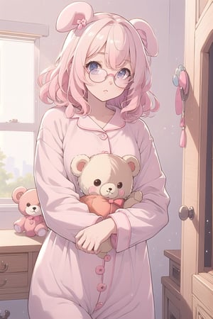 nier anime style illustration, best quality, masterpiece High resolution, good detail, bright colors, HDR, 4K. Dolby vision high. 
Cute curly hair, round glasses
Pink teddy bear pajamas