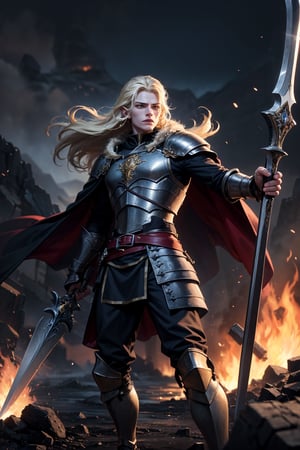 Image adjectives: Fierce, imposing, heroic, determined. Shot type: Medium shot. Subject/Character: Glorfindel, one of the greatest elven warriors. Pose details: In the heat of battle,
Glorfindel stands with his legs apart for balance and his body slightly turned as he prepares to attack with his sword. His sword is raised,
shining with an ethereal light,
while his other hand is extended with a white dagger. Physical details: his golden hair flows wildly around him,
catching the light of the raging fires of Mordor. His eyes are fierce, filled with the determination and concentration of a seasoned warrior. Sweat and dirt run down his face.
but his expression remains firm and he wears golden armor from his chest to his feet that does not allow his skin to be seen and underneath the armor he has a black cloth.
Clothing: She wears gleaming golden armor that reflects the chaos of battle, with intricate elven carvings that appear to glow. her cape,
Although tattered by combat, it still waves behind him like a banner. Her boots are covered with the dark mud of Mordor,
and her belt fits several pouches and a dagger for hand-to-hand combat. Location: On the shores of a volcano with a thousand orcs.