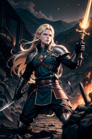 Image Adjectives: Fierce, commanding, heroic, determined.
Shot Type: Medium shot.
Subject / Character: Glorfindel, one of the greatest Elven warriors.
Pose Details: In the heat of battle, Glorfindel stands with his legs apart for balance, his body slightly turned as he prepares to strike. His sword is raised high, gleaming with an ethereal light, while his other hand is extended forward, fingers splayed as if commanding the forces around him.
Physical Details: His golden hair flows wildly around him, catching the light of the raging fires of Mordor. His eyes are fierce, filled with the determination and focus of a seasoned warrior. Sweat and grime streak his face, but his expression remains unwavering.
Clothing: He wears gleaming golden armor that reflects the chaos of battle, with intricate Elvish engravings that seem to glow. His cloak, though tattered from combat, still flows behind him like a banner. His boots are caked with the dark mud of Mordor, and his belt holds various pouches and a dagger for close combat.
Location: On the shores of a volcano