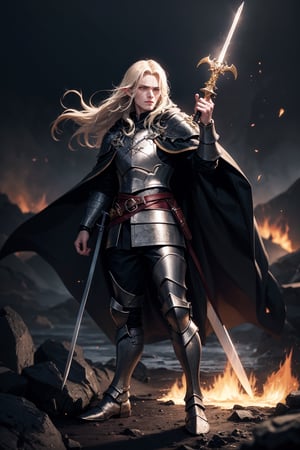 Image adjectives: Fierce, imposing, heroic, determined.
Shot type: Medium shot.
Subject/Character: Glorfindel, one of the greatest elven warriors.
Pose Details: In the heat of battle, Glorfindel stands with his legs apart for balance and his body slightly turned as he prepares to attack.
His sword is raised, shining with an ethereal light,
while his other hand is extended forward, fingers extended as if he is commanding the forces around him.
Physical Details: His golden hair flows wildly around him, catching the light of the raging fires of Mordor. His eyes are fierce,
filled with the determination and concentration of a seasoned warrior. Sweat and dirt run down his face.
but his expression remains firm and he wears golden armor from chest to foot.
Clothing: He wears gleaming golden armor that reflects the chaos of battle, with intricate elvish carvings that appear to glow.
His cloak, though tattered from combat, still waves behind him like a banner. His boots are covered with the dark mud of Mordor,
and his belt fits several pouches and a dagger for hand-to-hand combat.
Location: On the shores of a volcano.