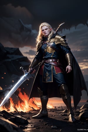 Image Adjectives: Fierce, commanding, heroic, determined.
Shot Type: Medium shot.
Subject / Character: Glorfindel, one of the greatest Elven warriors.
Pose Details: In the heat of battle, Glorfindel stands with his legs apart for balance, his body slightly turned as he prepares to strike. His sword is raised high, gleaming with an ethereal light, while his other hand is extended forward, fingers splayed as if commanding the forces around him.
Physical Details: His golden hair flows wildly around him, catching the light of the raging fires of Mordor. His eyes are fierce, filled with the determination and focus of a seasoned warrior. Sweat and grime streak his face, but his expression remains unwavering.
Clothing: He wears gleaming golden armor that reflects the chaos of battle, with intricate Elvish engravings that seem to glow. His cloak, though tattered from combat, still flows behind him like a banner. His boots are caked with the dark mud of Mordor, and his belt holds various pouches and a dagger for close combat.
Location: [Focus on the character only]