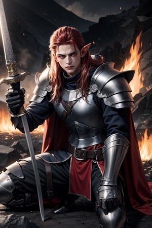 Image adjectives: Fierce, imposing, heroic, determined, ruthless. Shot type: Medium shot. Subject/Character: Maedhros, one of the greatest elven warriors. Pose details: In the heat of battle,
Maedhros stands with his legs apart for balance and his body slightly turned as he prepares to attack with his sword. His sword is raised, shining with an ethereal light,
while his other hand is extended with a black dagger. Physical details: His Fire Red hair flows wildly around him,
capturing the light of the furious fires of the volcano. His eyes are fierce, full of the determination and concentration of an experienced warrior. He wears armor from his chest to his feet that does not reveal his skin and underneath the armor he has a black cloth that covers him completely. .
Clothing: He wears armor from his chest to his feet that does not reveal his skin and underneath the armor he has a black cloth that covers him completely, with intricate elvish engravings that seem to shine. his cape,
Though broken by combat,
It still waves behind him like a banner. His boots are covered with the dark mud of Mordor
,
and his belt fits several pouches and a dagger for hand-to-hand combat. Location: On the shores of a volcano with a thousand orcs.