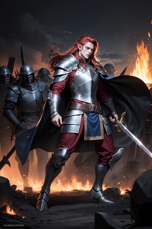 Image adjectives: Fierce, imposing, heroic, determined, ruthless. Shot type: Medium shot. Subject/Character: Maedhros, one of the greatest elven warriors. Pose details: In the heat of battle, Maedhros stands with his legs apart for balance and his body slightly turned as he prepares to attack with his sword. His sword is raised, shining with an ethereal light, while his other hand is extended with a black dagger. Physical details: His Fire Red hair flows wildly around him, capturing the light of the furious fires of the volcano. His eyes are fierce, full of the determination and concentration of an experienced warrior. He wears armor from his chest to his feet that does not reveal his skin and underneath the armor he has a black cloth that covers him completely.Clothing: He wears armor from his chest to his feet that does not reveal his skin and underneath the armor he has a black cloth that covers him completely, with intricate elvish engravings that seem to shine. his cape, Though broken by combat, It still waves behind him like a banner. His boots are covered with the dark mud of Mordor, and his belt fits several pouches and a dagger for hand-to-hand combat. Location: On the shores of a volcano with a thousand orcs.