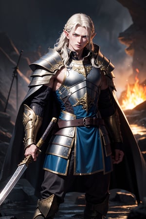Image adjectives: Fierce, imposing, heroic, determined. Shot type: Medium shot. Subject/Character: Glorfindel, one of the greatest elven warriors. Pose details: In the heat of battle,
Glorfindel stands with his legs apart for balance and his body slightly turned as he prepares to attack with his sword. His sword is raised,
shining with an ethereal light,
while his other hand is extended with a white dagger. Physical details: his golden hair flows wildly around him,
catching the light of the raging fires of Mordor. His eyes are fierce, filled with the determination and concentration of a seasoned warrior. Sweat and dirt run down his face.
but his expression remains firm and he wears golden armor from his chest to his feet that does not allow his skin to be seen.
Clothing: He wears gleaming golden armor that reflects the chaos of battle, with intricate elvish carvings that appear to glow. His cloak, though tattered from combat, still waves behind him like a banner. His boots are covered with the dark mud of Mordor,
and his belt fits several pouches and a dagger for hand-to-hand combat. Location: On the shores of a volcano with a thousand orcs.
