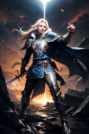 Image adjectives: Fierce, imposing, heroic, determined. Shot type: Medium shot. Subject/Character: Glorfindel, one of the greatest elven warriors. Pose Details: In the heat of battle, Glorfindel stands with his legs apart for balance and his body slightly turned as he prepares to attack. His sword is raised, shining with an ethereal light, while his other hand is extended forward, fingers extended as if he is commanding the forces around him. Physical Details: His golden hair flows wildly around him, catching the light of the raging fires of Mordor. His eyes are fierce, filled with the determination and concentration of a seasoned warrior. Sweat and dirt run down his face. but his expression remains firm and he wears golden armor from chest to foot. Clothing: He wears gleaming golden armor that reflects the chaos of battle, with intricate elvish carvings that appear to glow. His cloak, though tattered from combat, still waves behind him like a banner. His boots are covered with the dark mud of Mordor, and his belt fits several pouches and a dagger for hand-to-hand combat. Location: On the shores of a volcano with a thousand