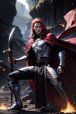 Image adjectives: Fierce, imposing, heroic, determined, ruthless. Shot type: Medium shot. Subject/Character: Maedhros, one of the greatest elven warriors. Pose details: In the heat of battle,
Maedhros stands with his legs apart for balance and his body slightly turned as he prepares to attack with his sword. His sword is raised, shining with an ethereal light,
while his other hand is extended with a black dagger. Physical details: His Fire Red hair flows wildly around him,
capturing the light of the furious fires of the volcano. His eyes are fierce, full of the determination and concentration of an experienced warrior. He wears armor from his chest to his feet that does not reveal his skin and underneath the armor he has a black cloth that covers him completely. .
Clothing: He wears armor from his chest to his feet that does not reveal his skin and underneath the armor he has a black cloth that covers him completely, with intricate elvish engravings that seem to shine. his cape,
Though broken by combat,
It still waves behind him like a banner. His boots are covered with the dark mud of Mordor
,
and his belt fits several pouches and a dagger for hand-to-hand combat. Location: On the shores of a volcano with a thousand orcs.