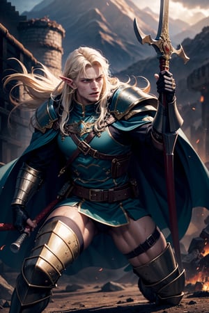 Image adjectives: Fierce, imposing, heroic, determined. Shot type: Medium shot. Subject/Character: Glorfindel, one of the greatest elven warriors. Pose details: In the heat of battle,
Glorfindel stands with his legs apart for balance and his body slightly turned as he prepares to attack with his sword. His sword is raised, shining with an ethereal light,
while his other hand is extended with a white dagger. Physical details: his golden hair flows wildly around him,
catching the light of the raging fires of Mordor. His eyes are fierce, filled with the determination and concentration of a seasoned warrior. Sweat and dirt run down his face.
but his expression remains firm and he wears golden armor from chest to foot.
Clothing: He wears gleaming golden armor that reflects the chaos of battle, with intricate elvish carvings that appear to glow. His cloak, though tattered from combat, still waves behind him like a banner. His boots are covered with the dark mud of Mordor,
and his belt fits several pouches and a dagger for hand-to-hand combat. Location: On the shores of a volcano with a thousand orcs