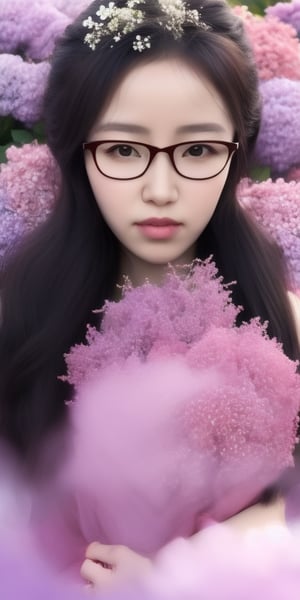 Surrealistic digital painting of a young woman with fair skin, Wearing women's glasses.curly fair hair, delicate facial features, enshrouded in a graceful, light pink fabric, slumbering among a plush hydrangea bed of pink and white blossoms, creating a dreamy, ethereal ambiance, palette consisting largely of pinks, whites, and lilacs, invoking a sense of serenity and tranquility, painterly strokes result in. A soft-focused portrait of a young woman with fair skin and curly brown hair with bangs, her delicate facial features illuminated by the gentle glow of a subtle pink fabric wrap. She slumbers amidst a plush hydrangea bed, where pink and white blossoms gently unfold, creating a dreamy, ethereal ambiance. Brushstrokes whisper whispers of pinks, whites, and lilacs, weaving a tapestry of serenity and tranquility. burlesque,shabby chic, fine art, epic, Boho gypsy, marquise, duchesse, dark fantasy.Wearing women's glasses