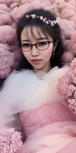 Surrealistic digital painting of a young woman with fair skin, Wearing women's glasses.curly fair hair, delicate facial features, enshrouded in a graceful, light pink fabric, slumbering among a plush hydrangea bed of pink and white blossoms, creating a dreamy, ethereal ambiance, palette consisting largely of pinks, whites, and lilacs, invoking a sense of serenity and tranquility, painterly strokes result in. A soft-focused portrait of a young woman with fair skin and curly brown hair with bangs, her delicate facial features illuminated by the gentle glow of a subtle pink fabric wrap. She slumbers amidst a plush hydrangea bed, where pink and white blossoms gently unfold, creating a dreamy, ethereal ambiance. Brushstrokes whisper whispers of pinks, whites, and lilacs, weaving a tapestry of serenity and tranquility. burlesque,shabby chic, fine art, epic, Boho gypsy, marquise, duchesse, dark fantasy.Wearing women's glasses