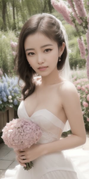 Surrealistic digital painting of a young woman with fair skin, 
White wedding dress, wedding photos,
curly fair hair, delicate facial features, enshrouded in a graceful, light pink fabric, slumbering among a plush hydrangea bed of pink and white blossoms, creating a dreamy, ethereal ambiance, palette consisting largely of pinks, whites, and lilacs, invoking a sense of serenity and tranquility, painterly strokes result in. A soft-focused portrait of a young woman with fair skin and curly brown hair with bangs, her delicate facial features illuminated by the gentle glow of a subtle pink fabric wrap. She slumbers amidst a plush hydrangea bed, where pink and white blossoms gently unfold, creating a dreamy, ethereal ambiance. Brushstrokes whisper whispers of pinks, whites, and lilacs, weaving a tapestry of serenity and tranquility. burlesque,shabby chic, fine art, epic, Boho gypsy, marquise, duchesse, dark fantasy.
White wedding dress, wedding photos,