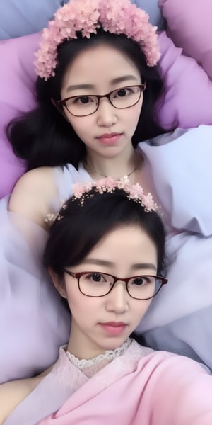 Surrealistic digital painting of a young woman with fair skin, Wearing women's glasses.curly fair hair, delicate facial features, enshrouded in a graceful, light pink fabric, slumbering among a plush hydrangea bed of pink and white blossoms, creating a dreamy, ethereal ambiance, palette consisting largely of pinks, whites, and lilacs, invoking a sense of serenity and tranquility, painterly strokes result in. A soft-focused portrait of a young woman with fair skin and curly brown hair with bangs, her delicate facial features illuminated by the gentle glow of a subtle pink fabric wrap. She slumbers amidst a plush hydrangea bed, where pink and white blossoms gently unfold, creating a dreamy, ethereal ambiance. Brushstrokes whisper whispers of pinks, whites, and lilacs, weaving a tapestry of serenity and tranquility. burlesque,shabby chic, fine art, epic, Boho gypsy, marquise, duchesse, dark fantasy.Wearing women's glasses