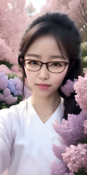 Surrealistic digital painting of a young woman with fair skin, Wearing women's glasses.curly fair hair, delicate facial features, enshrouded in a graceful, light pink fabric, slumbering among a plush hydrangea bed of pink and white blossoms, creating a dreamy, ethereal ambiance, palette consisting largely of pinks, whites, and lilacs, invoking a sense of serenity and tranquility, painterly strokes result in. A soft-focused portrait of a young woman with fair skin and curly brown hair with bangs, her delicate facial features illuminated by the gentle glow of a subtle pink fabric wrap. She slumbers amidst a plush hydrangea bed, where pink and white blossoms gently unfold, creating a dreamy, ethereal ambiance. Brushstrokes whisper whispers of pinks, whites, and lilacs, weaving a tapestry of serenity and tranquility. burlesque,shabby chic, fine art, epic, Boho gypsy, marquise, duchesse, dark fantasy.Wearing women's glasses