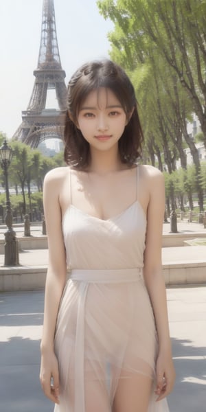 masterpiece,  4k resolution, (1 girl),Surrealistic digital painting of a young woman with fair skin,  invoking a sense of serenity and tranquility, painterly strokes result in.This soft-focus portrait depicts a young woman with fair skin, curly brown hair with bangs, 
wearing a beautiful dress.
A girl with a beaming, radiant smile is standing in front of the Eiffel Tower on a Parisian plaza, with the majestic Eiffel Tower prominently in view. According to