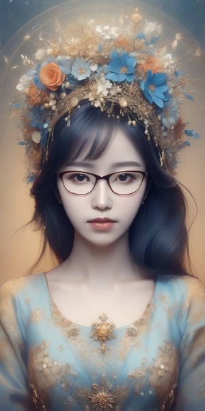 A captivating digital art portrait of a young woman surrounded by a vibrant array of flowers.Wearing women's glasses. Her wavy, dark blue hair with bangs frames her face, blending seamlessly with the floral elements around her. The flowers, in shades of orange, blue, and white, create a striking contrast against her pale skin. She gazes directly at the viewer with an intense, almost ethereal expression. The intricate details of the petals and leaves intertwine with her hair, giving the impression that she is one with nature. The overall composition is both delicate and dramatic, evoking a sense of mystery and enchantment. ELIGHT, JeeSoo.Wearing women's glasses.