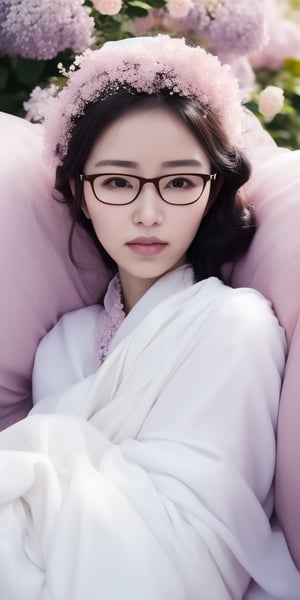 Surrealistic digital painting of a young woman with fair skin, Wearing women's glasses.curly fair hair, delicate facial features, enshrouded in a graceful, light pink fabric, slumbering among a plush hydrangea bed of pink and white blossoms, creating a dreamy, ethereal ambiance, palette consisting largely of pinks, whites, and lilacs, invoking a sense of serenity and tranquility, painterly strokes result in. A soft-focused portrait of a young woman with fair skin and curly brown hair with bangs, her delicate facial features illuminated by the gentle glow of a subtle pink fabric wrap. She slumbers amidst a plush hydrangea bed, where pink and white blossoms gently unfold, creating a dreamy, ethereal ambiance. Brushstrokes whisper whispers of pinks, whites, and lilacs, weaving a tapestry of serenity and tranquility. burlesque,shabby chic, fine art, epic, Boho gypsy, marquise, duchesse, dark fantasy.Wearing women's glasses