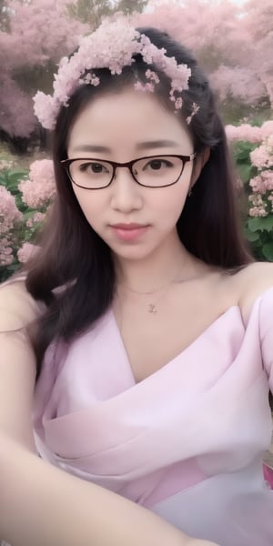 Surrealistic digital painting of a young woman with fair skin, Wearing women's glasses.curly fair hair, delicate facial features, enshrouded in a graceful, light pink fabric, slumbering among a plush hydrangea bed of pink and white blossoms, creating a dreamy, ethereal ambiance, palette consisting largely of pinks, whites, and lilacs, invoking a sense of serenity and tranquility, painterly strokes result in. A soft-focused portrait of a young woman with fair skin and curly brown hair with bangs, her delicate facial features illuminated by the gentle glow of a subtle pink fabric wrap. She slumbers amidst a plush hydrangea bed, where pink and white blossoms gently unfold, creating a dreamy, ethereal ambiance. Brushstrokes whisper whispers of pinks, whites, and lilacs, weaving a tapestry of serenity and tranquility. burlesque,shabby chic, fine art, epic, Boho gypsy, marquise, duchesse, dark fantasy.Wearing women's glasses