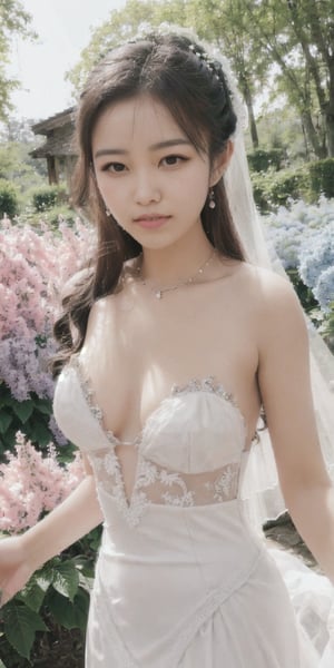 Surrealistic digital painting of a young woman with fair skin, 
White wedding dress, wedding photos,
curly fair hair, delicate facial features, enshrouded in a graceful, light pink fabric, slumbering among a plush hydrangea bed of pink and white blossoms, creating a dreamy, ethereal ambiance, palette consisting largely of pinks, whites, and lilacs, invoking a sense of serenity and tranquility, painterly strokes result in. A soft-focused portrait of a young woman with fair skin and curly brown hair with bangs, her delicate facial features illuminated by the gentle glow of a subtle pink fabric wrap. She slumbers amidst a plush hydrangea bed, where pink and white blossoms gently unfold, creating a dreamy, ethereal ambiance. Brushstrokes whisper whispers of pinks, whites, and lilacs, weaving a tapestry of serenity and tranquility. burlesque,shabby chic, fine art, epic, Boho gypsy, marquise, duchesse, dark fantasy.
White wedding dress, wedding photos,