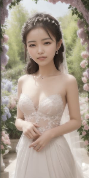 Surrealistic digital painting of a young woman with fair skin, 
White wedding dress, wedding photos,
curly fair hair, delicate facial features, enshrouded in a graceful, light pink fabric, slumbering among a plush hydrangea bed of pink and white blossoms, creating a dreamy, ethereal ambiance, palette consisting largely of pinks, whites, and lilacs, invoking a sense of serenity and tranquility, painterly strokes result in. A soft-focused portrait of a young woman with fair skin and curly brown hair with bangs, her delicate facial features illuminated by the gentle glow of a subtle pink fabric wrap. She slumbers amidst a plush hydrangea bed, where pink and white blossoms gently unfold, creating a dreamy, ethereal ambiance. Brushstrokes whisper whispers of pinks, whites, and lilacs, weaving a tapestry of serenity and tranquility. burlesque,shabby chic, fine art, epic, Boho gypsy, marquise, duchesse, dark fantasy.
White wedding dress, wedding photos,