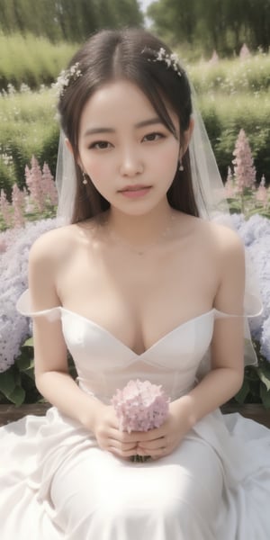 Surrealistic digital painting of a young woman with fair skin, 
White wedding dress, wedding photos,
curly fair hair, delicate facial features, enshrouded in a graceful, light pink fabric, slumbering among a plush hydrangea bed of pink and white blossoms, creating a dreamy, ethereal ambiance, palette consisting largely of pinks, whites, and lilacs, invoking a sense of serenity and tranquility, painterly strokes result in. A soft-focused portrait of a young woman with fair skin and curly brown hair with bangs, her delicate facial features illuminated by the gentle glow of a subtle pink fabric wrap. She slumbers amidst a plush hydrangea bed, where pink and white blossoms gently unfold, creating a dreamy, ethereal ambiance. Brushstrokes whisper whispers of pinks, whites, and lilacs, weaving a tapestry of serenity and tranquility. burlesque,shabby chic, fine art, epic, Boho gypsy, marquise, duchesse, dark fantasy.
White wedding dress, wedding photos,