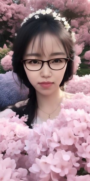 Surrealistic digital painting of a young woman with fair skin, Wearing women's glasses.curly fair hair, delicate facial features, enshrouded in a graceful, light pink fabric, slumbering among a plush hydrangea bed of pink and white blossoms, creating a dreamy, ethereal ambiance, palette consisting largely of pinks, whites, and lilacs, invoking a sense of serenity and tranquility, painterly strokes result in. A soft-focused portrait of a young woman with fair skin and curly brown hair with bangs, her delicate facial features illuminated by the gentle glow of a subtle pink fabric wrap. She slumbers amidst a plush hydrangea bed, where pink and white blossoms gently unfold, creating a dreamy, ethereal ambiance. Brushstrokes whisper whispers of pinks, whites, and lilacs, weaving a tapestry of serenity and tranquility. burlesque,shabby chic, fine art, epic, Boho gypsy, marquise, duchesse, dark fantasy.Wearing women's glasses