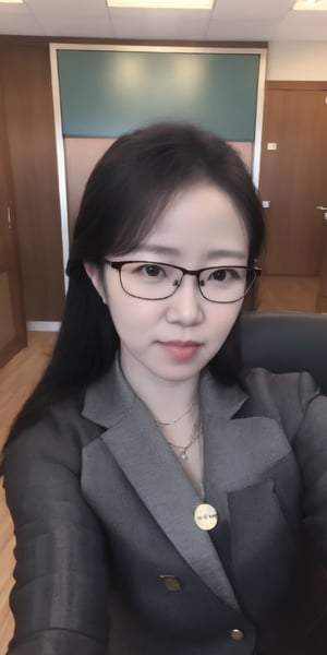 A professional woman in the financial industry with long hair, wearing glasses. She is a white-collar worker in a securities company, intellectual, elegant, and highly educated, wearing a black women's suit. She is wearing glasses, with the general manager's office of a securities company in the background.