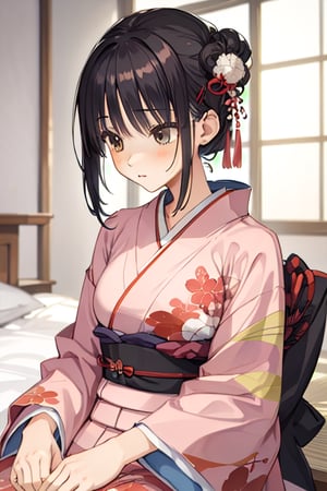 masterpiece,best quality,upper body shot,young girl,middle breast,sitting down on the bed.japanese kimono,sntm