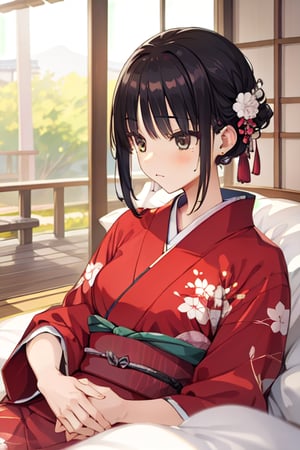 masterpiece,best quality,upper body shot,young girl,middle breast,sitting down on the bed.japanese kimono,sntm