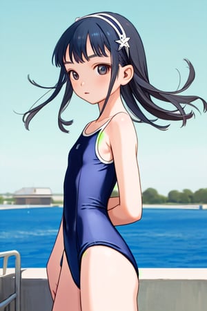 masterpiece,cowboy shot,face forward,solo,very young child,small breast,hair accessory,navy colored school swimsuit,