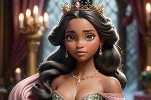 Create a hyper-realistic 4K animation of Princess Liana, a young woman 0f 18 years. She is standing in a ballroom. Her ebony-black hair with brown tips cascades in glossy waves down her back, each strand reflecting the soft ambient light with a mesmerizing sheen, she has a snow white skin

Her gown, with hues reminiscent of a starlit sky, features intricate embroidery and rich colors. The delicate green leafy pattern on her gown adds a touch of natural elegance, complementing her overall regal appearance.

Her crown, adorned with jewels fit for a queen, sits atop her head like a radiant halo, accentuating her ethereal beauty. Her perfect grey eyes, providing a sense of calm and tranquility. Her fair, porcelain skin glows softly, and her lips, painted a delicate shade of pink, add a touch of softness to her regal demeanor.

The scene should capture the intricate details of her gown shimmering in the candlelight, creating an aura of regal magnificence around her. The image should evoke a sense of grace, elegance, and ethereal beauty, with Princess Liana as the stunning centerpiece.
