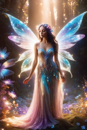 full body photo of a beautiful brune female fairy standing with colorful wings perfectly combined with crystal flowers, both emitting radiant light. The ethereal fairy figure was reminiscent of a blooming flower, exuding a mysterious and enchanting aura. The surrealistic alternate reality style of the image creates a dreamlike atmosphere, with psychedelic colors swirling around fairies and flowers. The surroundings are filled with intricate details, such as sparkling crystals and unique plants, which add to the fantastical nature of the scene. The luminous light style enhances the magical quality of the image, making it appear otherworldly and mesmerizing. Keywords: luminous light style, psychedelic surrealism, surrealistic alternative reality, fantasy art, ethereal, enchanting, dreamlike, strange, magical, fantastical.