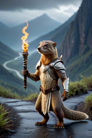 A striking and dramatic image of a mongoose wearing bone armor, standing on a mountain path, holding a torch in the rain. The lighting is moody, reflecting the rain and the dim surroundings, while the torch's light casts a warm glow. The background is expansive, showcasing the vast mountains and the winding road, while the focus remains on the mongoose's powerful stance, the bone armor, and the illuminating torch.