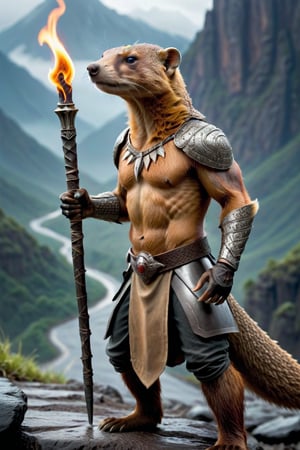 A striking and dramatic image of a barbarian mongoose with tattoos, wearing bone armor, standing on a mountain path, holding a torch in the rain. The lighting is moody, reflecting the rain and the dim surroundings, while the torch's light casts a warm glow. The background is expansive, showcasing the vast mountains and the winding road, while the focus remains on the mongoose's powerful stance, the tattoos, the bone armor, and the illuminating torch.