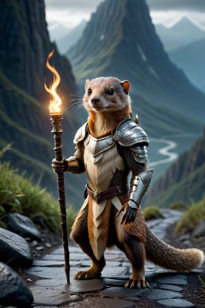 A striking and dramatic image of a mongoose wearing bone armor, standing on a mountain path, holding a torch in the rain, set in a dark fantasy world. The lighting is moody, reflecting the rain and the dim surroundings, while the torch's light casts a warm glow. The background is expansive, showcasing the vast mountains and the winding road, while the focus remains on the mongoose's powerful stance, the bone armor, and the illuminating torch, emphasizing the dark and mysterious atmosphere of the fantasy setting.