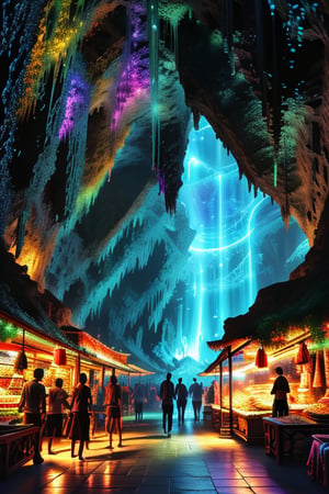 Create a dynamic, high-contrast scene that combines elements of vibrancy, mystery, and natural beauty. The setting is an ancient, hidden grotto illuminated by bioluminescent algae, with a vibrant, colorful underwater market nearby. The scene is framed with a wide-angle view, capturing the grotto's intricate rock formations and the bustling market with stalls selling bright fruits and textiles. The lighting is intense, with the bioluminescent algae casting a soft, ethereal glow that contrasts sharply with the warm, golden light of the market. People are engaged in various activities, adding to the lively atmosphere. The composition emphasizes the interplay of light and shadow, with the vivid colors of the market goods and the mysterious, glowing algae creating a visually striking, otherworldly image.