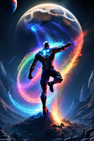 Create an epic sci-fi image: A superhero in a dynamic pose, unleashing a multicolored Kamehameha wave of magic energy. The blast is intense, lighting up the dark space background, as it heads towards a distant planet. The composition focuses on the hero's powerful stance and the radiant energy wave, with the planet in the background, showcasing the impending destruction. The lighting is dramatic, highlighting the magical colors and the hero's determined expression.