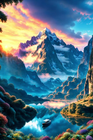 Create a complex, beautiful scene with a wide-angle view, showcasing a vibrant sunset over a lush, mountainous landscape. The foreground features a serene lake reflecting the colorful sky, with a small boat gently floating in the center. The mountains are detailed with snow-capped peaks and dense forests, illuminated by the warm, golden light of the setting sun. The composition is balanced with a focus on the interplay of light and shadow, capturing the essence of tranquility and grandeur.