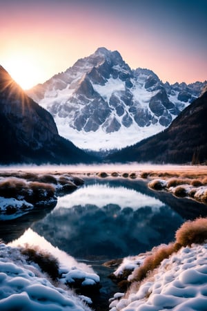 Create a complex, beautiful scene with a wide-angle view, showcasing a vibrant sunset over a lush, mountainous landscape. The foreground features a serene lake reflecting the colorful sky, with a small boat gently floating in the center. The mountains are detailed with snow-capped peaks and dense forests, illuminated by the warm, golden light of the setting sun. The composition is balanced with a focus on the interplay of light and shadow, capturing the essence of tranquility and grandeur.,Scene