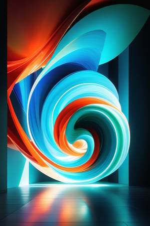 Envision an abstract, vibrant artwork with a striking 3D illusion: A balanced composition of fluid shapes and bold colors, with swirls of electric blues, fiery oranges, and lush greens interwoven in a harmonious dance. The artwork features dynamic curves and lines that appear to pop out from the canvas, creating a sense of depth and movement that draws the viewer in. Each element is carefully placed to maintain visual equilibrium, with a focal point where the colors converge, enhancing the 3D effect. The lighting is soft yet dramatic, casting precise highlights and shadows that accentuate the artwork's three-dimensional feel, making the shapes seem to float and interact with one another. The scene is framed to emphasize the abstract nature of the piece, with the vibrant elements balanced and arranged to create a visually stunning and immersive experience, challenging the viewer's perception of space and form.