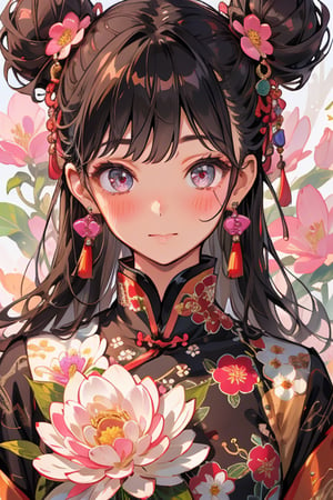 1girl, solo, long hair, looking at viewer, blush, bangs, black hair, hair ornament, jewelry, upper body, flower, earrings, hair flower, hair bun, double bun, chinese clothes, tassel, pink flower, flower earrings