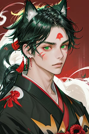 solo, long hair, looking at viewer, black hair, 1boy, animal ears, jewelry, closed mouth, green eyes, upper body, male focus, earrings, japanese clothes, kimono, animal ear fluff, facial mark, tassel, ear piercing, red background, extra ears, egasumi,Yiff