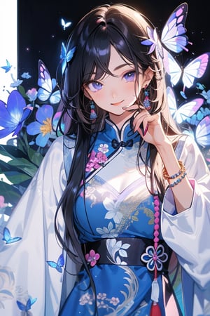 1girl, solo, long hair, looking at viewer, smile, bangs, blue eyes, black hair, hair ornament, long sleeves, dress, jewelry, closed mouth, purple eyes, upper body, flower, earrings, hand up, hair flower, bracelet, parted bangs, blue dress, chinese clothes, bug, butterfly, tassel, beads, tassel earrings