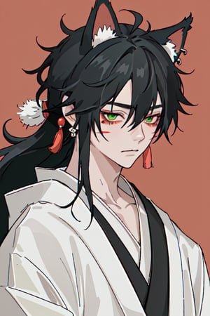 solo, long hair, looking at viewer, black hair, 1boy, animal ears, jewelry, closed mouth, green eyes, upper body, male focus, earrings, japanese clothes, kimono, animal ear fluff, facial mark, tassel, ear piercing, red background, extra ears, egasumi,Yiff