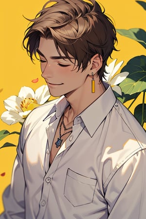 solo, smile, short hair, brown hair, shirt, 1boy, jewelry, closed mouth, closed eyes, white shirt, upper body, flower, male focus, earrings, collared shirt, necklace, petals, yellow background, pocket, yellow flower