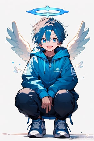 solo, looking at viewer, smile, short hair, open mouth, blue eyes, long sleeves, 1boy, white background, hair between eyes, blue hair, jacket, full body, ponytail, male focus, wings, shoes, hood, twitter username, sleeves past wrists, v, halo, squatting, hood down, blue jacket, sneakers, short ponytail, angel wings, blue footwear, angel