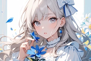 1girl, solo, long hair, looking at viewer, bangs, blue eyes, shirt, long sleeves, dress, bow, holding, jewelry, white shirt, upper body, flower, white hair, hair bow, earrings, parted lips, puffy sleeves, hand up, necklace, white dress, grey eyes, eyelashes, ring, white bow, puffy long sleeves, blue flower, holding flower